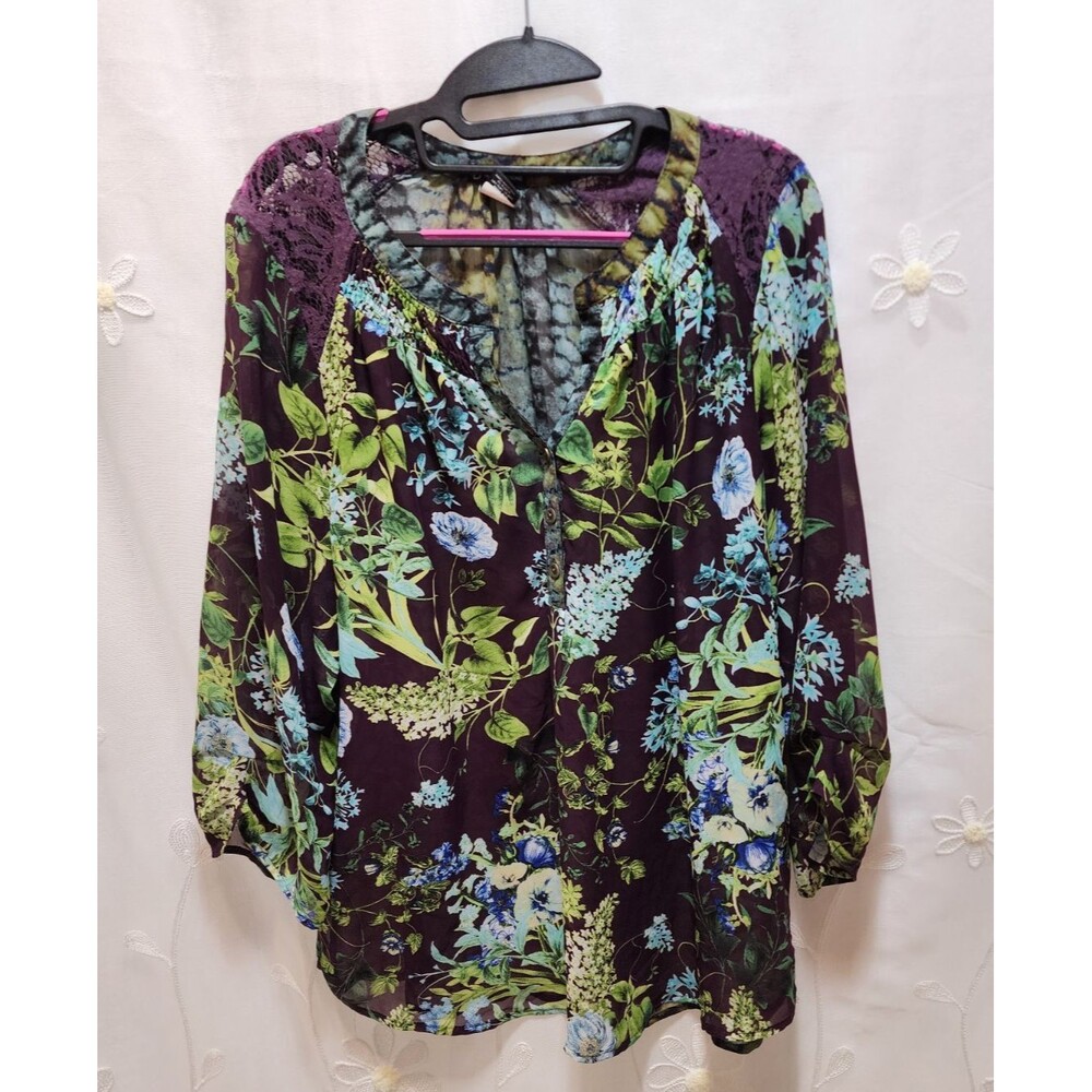 NEW DIRECTIONS WOMEN XL GREEN BLUE BLOUSE FLORAL BLOOM FAIRY LACE SHEER POPOVER
